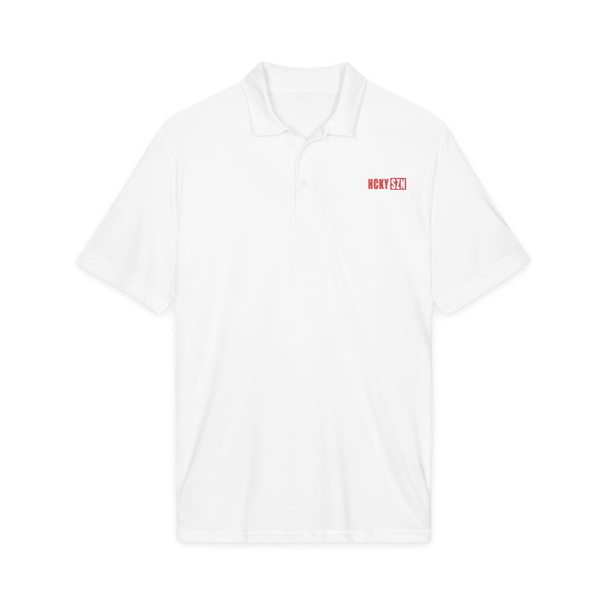 HCKY SZN Embroidered Performance Hockey Polo (White/Red Logo)