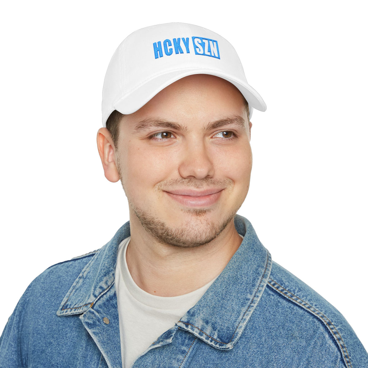HCKY SZN Low Profile Embroidered Baseball Cap - White (Sky Blue Logo)