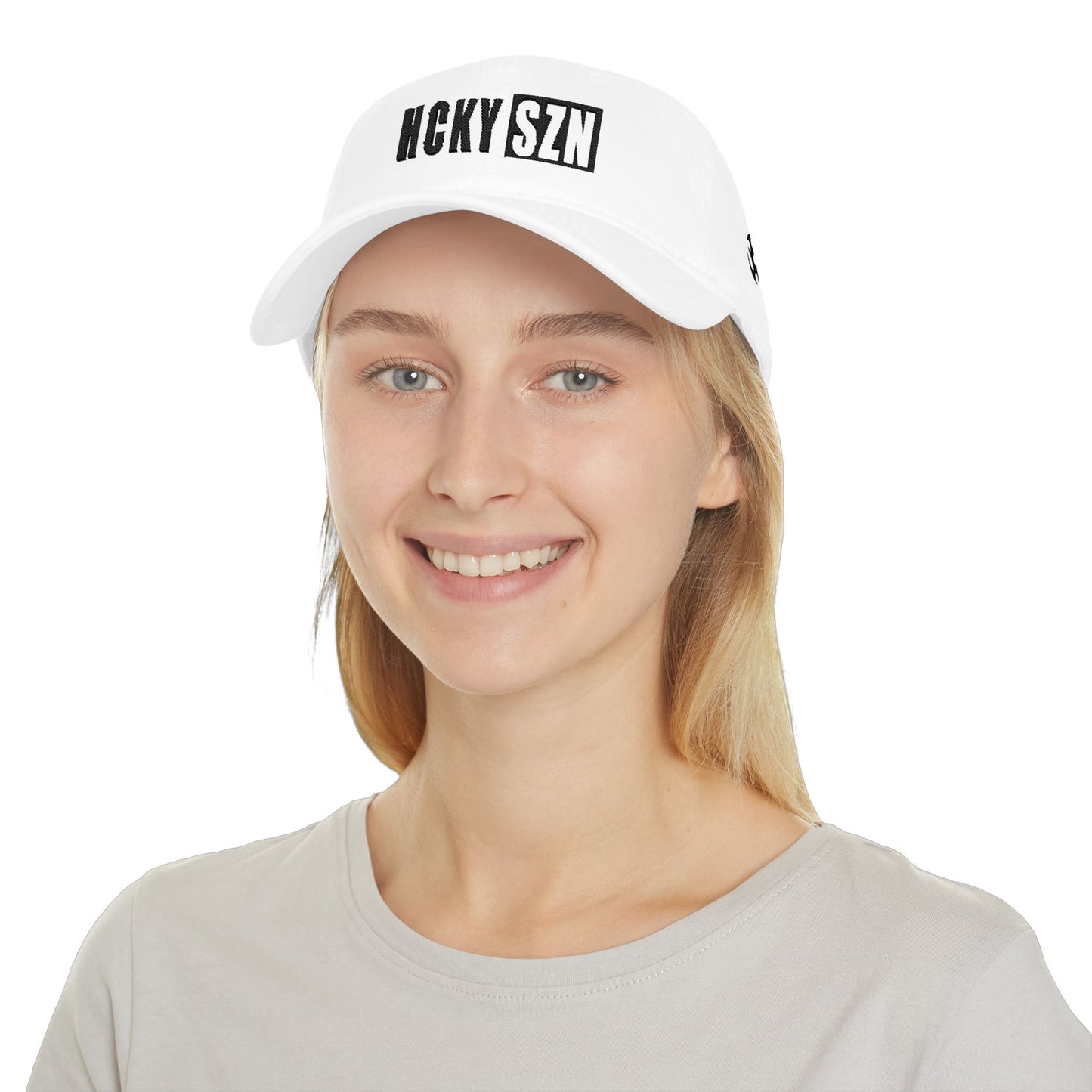 HCKY SZN Low Profile Embroidered Baseball Cap - White (Black Logo)