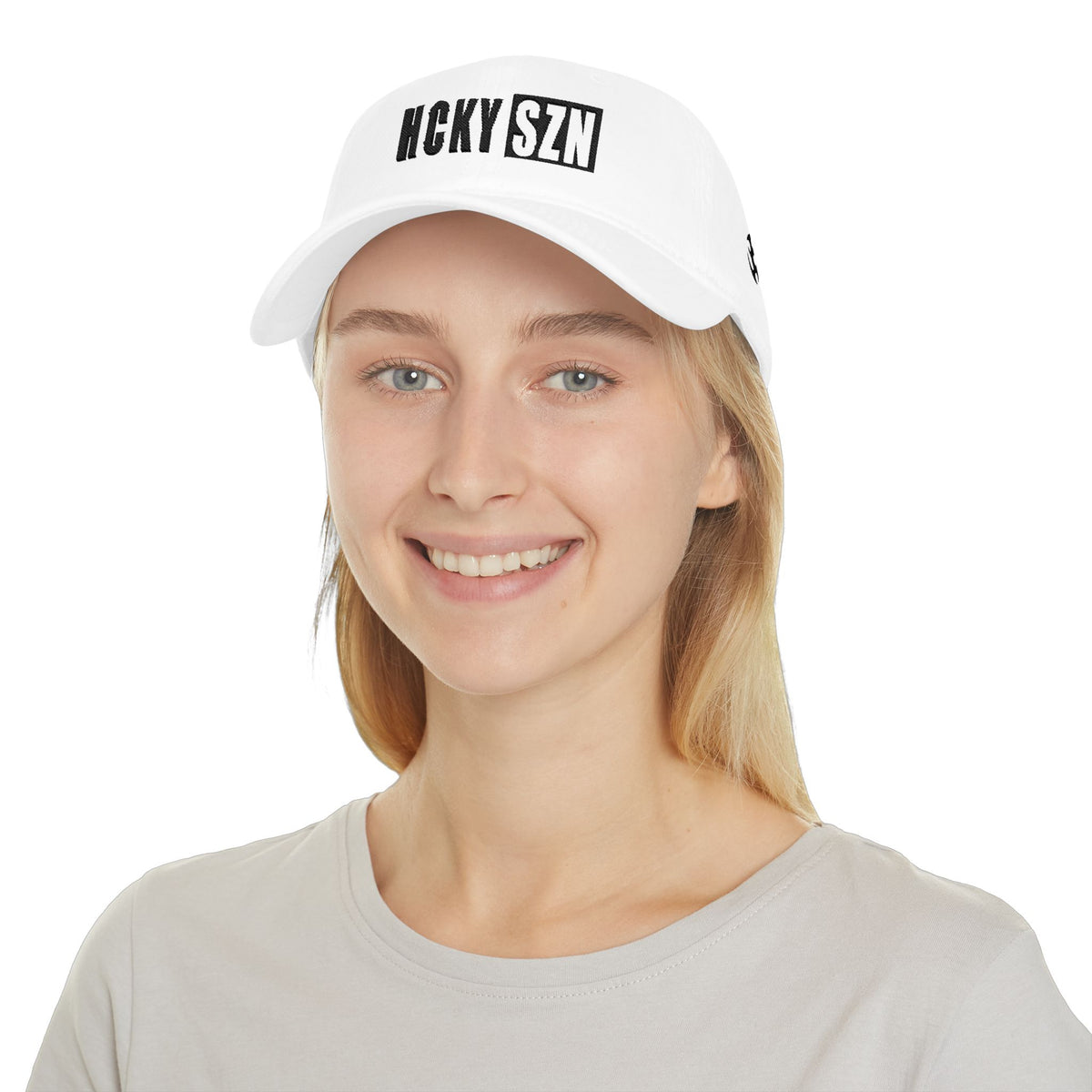 HCKY SZN Low Profile Embroidered Baseball Cap - White (Black Logo)