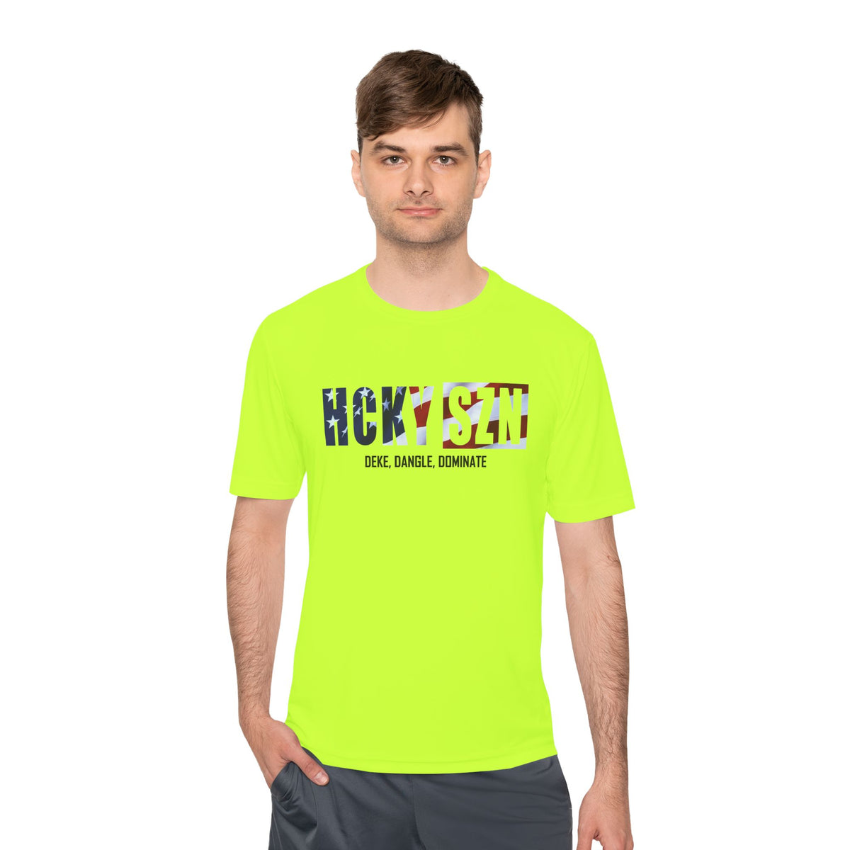 HCKYSZN (Deke Dangle) Adult Performance Tee - Neon Yellow/USA/Black