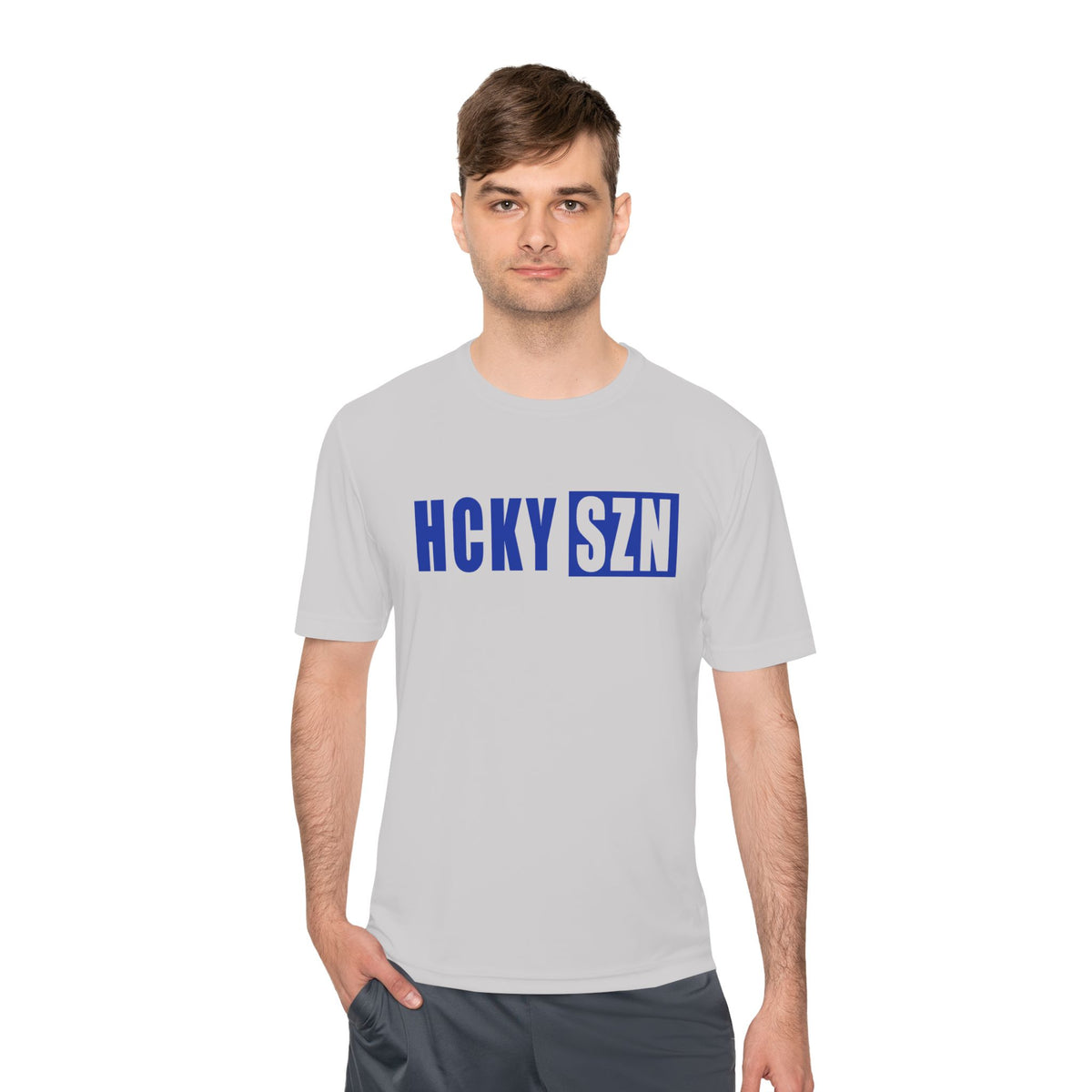 HCKYSZN (Flagship Logo) Adult Performance Tee - Silver/Royal Blue