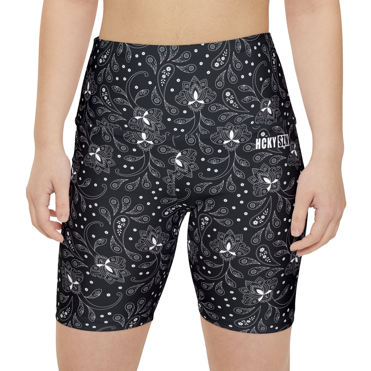 HKY SZN High Waisted Workout Shorts (Black Paisley)