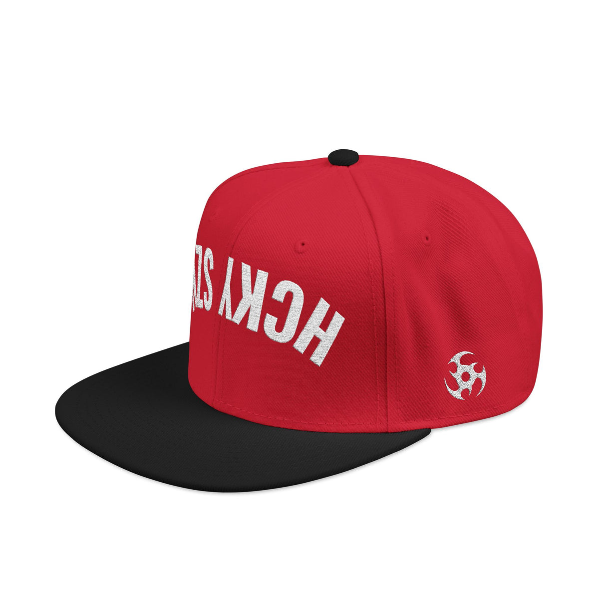 Upside Down HCKY SZN Embroidered Snapback Hat (Red/Black)