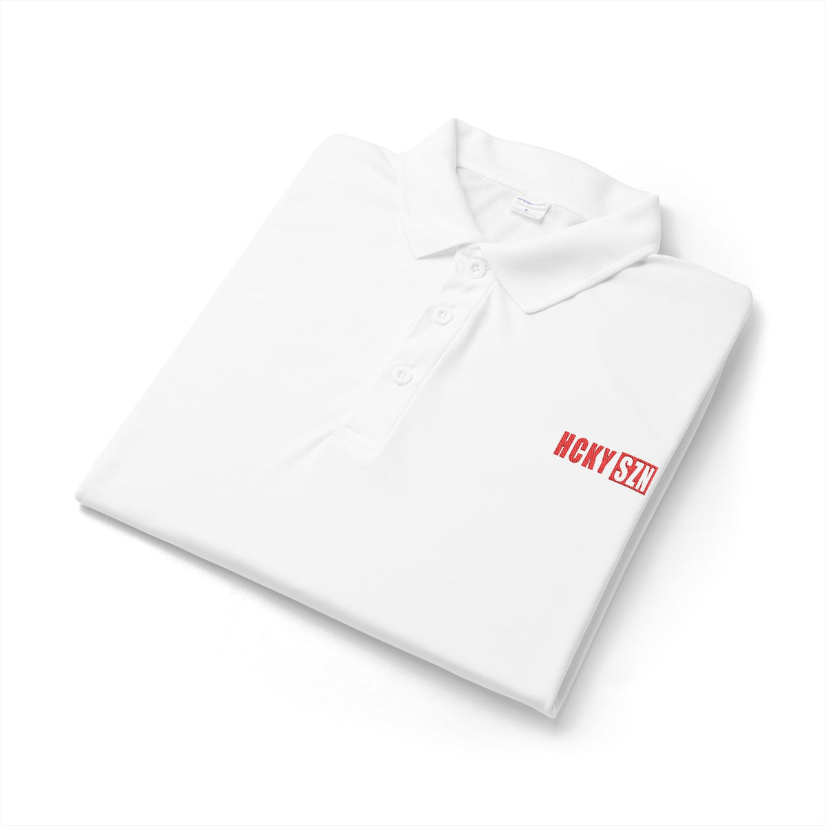 HCKY SZN Embroidered Performance Hockey Polo (White/Red Logo)