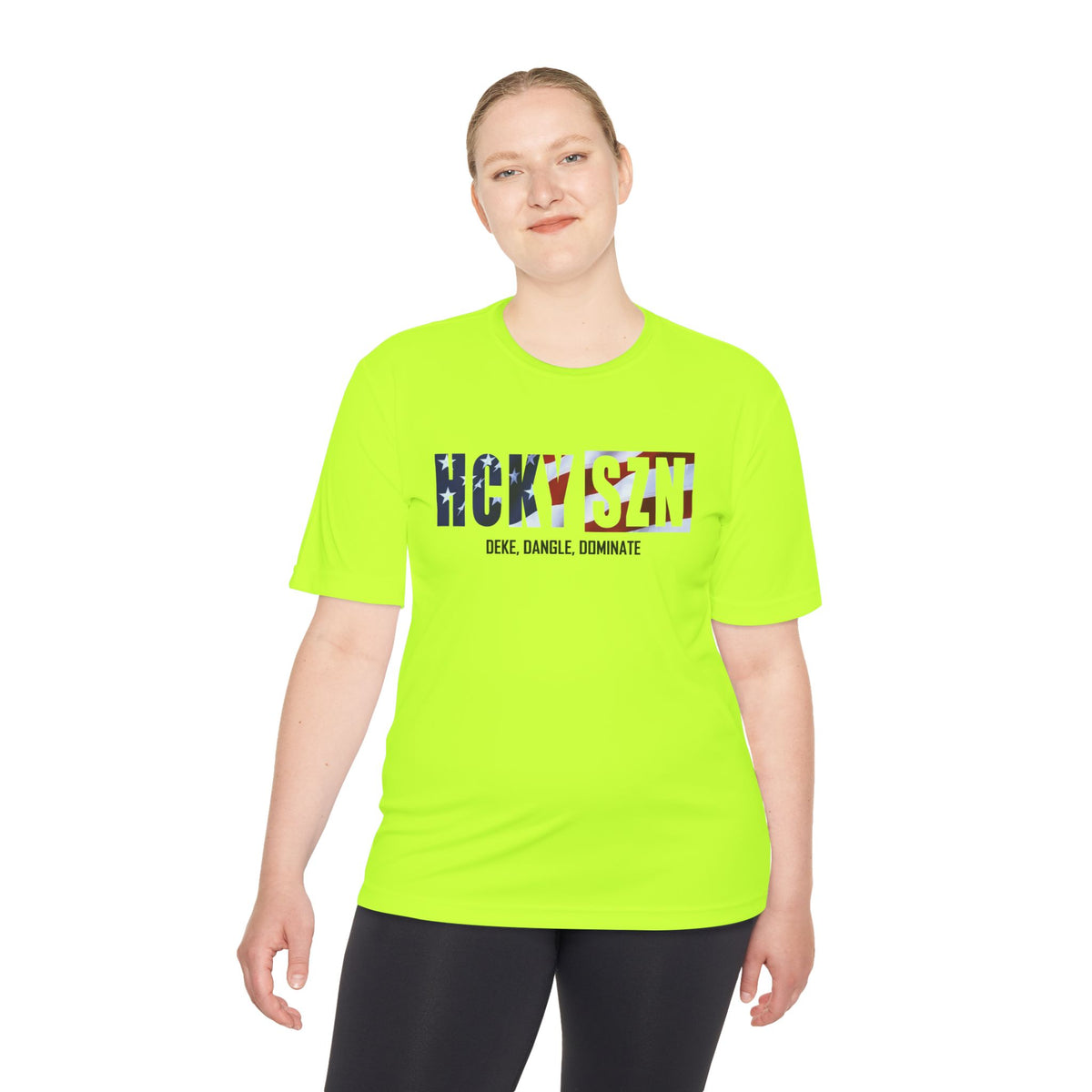 HCKYSZN (Deke Dangle) Adult Performance Tee - Neon Yellow/USA/Black