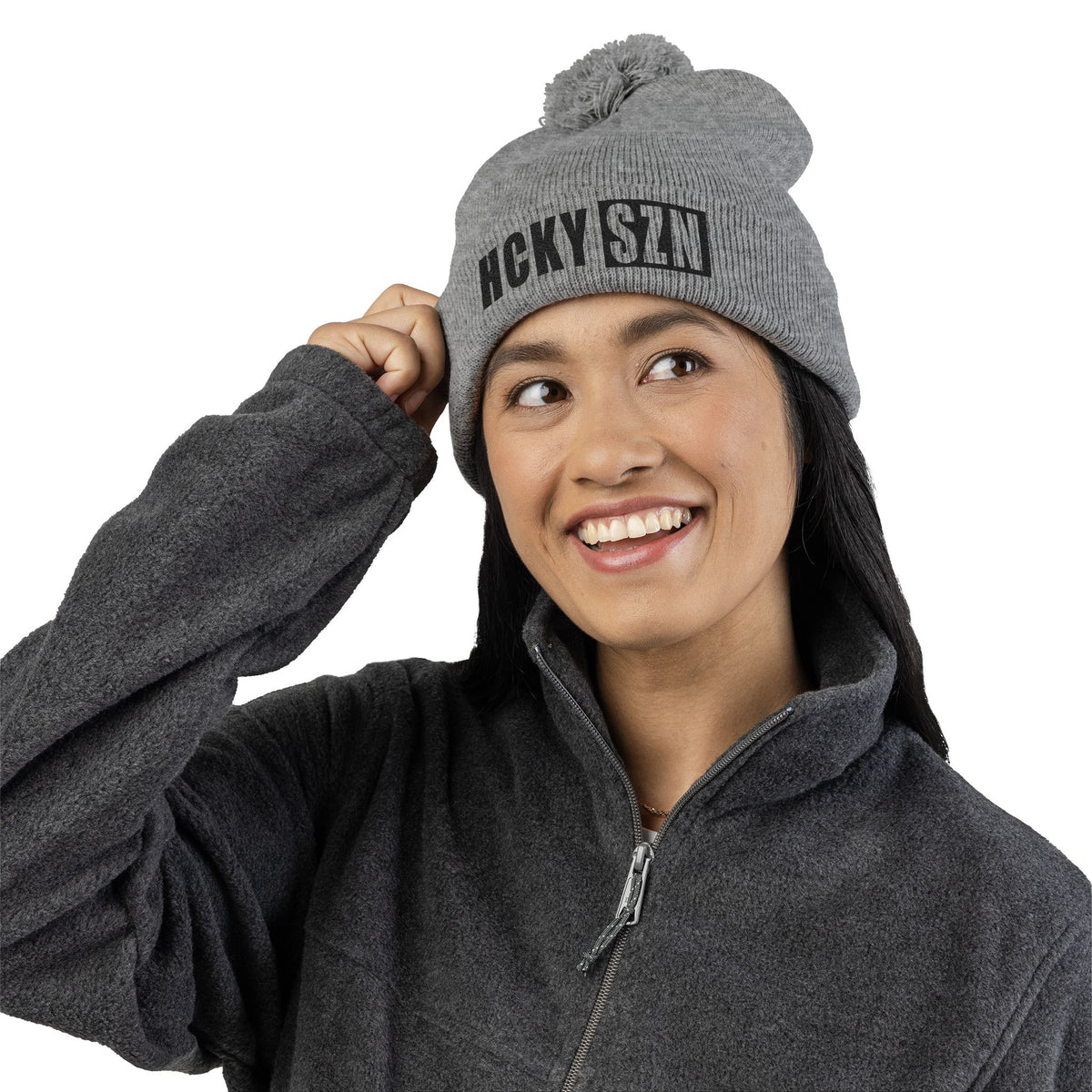 HCKY SZN Embroidered Pom-Pom Beanie - Grey