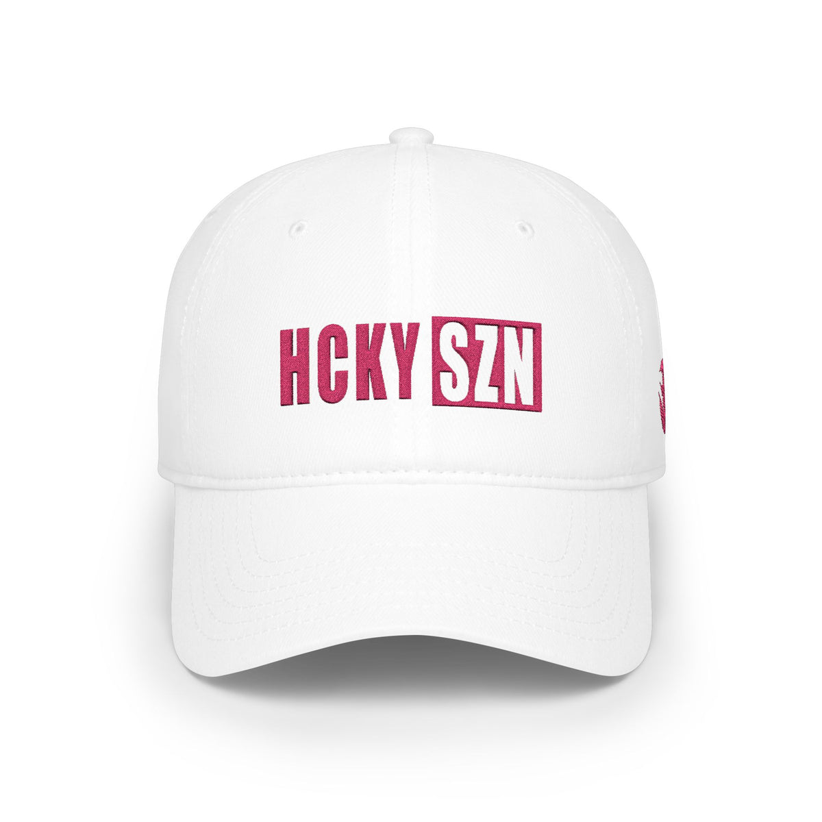 HCKY SZN Low Profile Embroidered Baseball Cap - White (Hot Pink Logo)