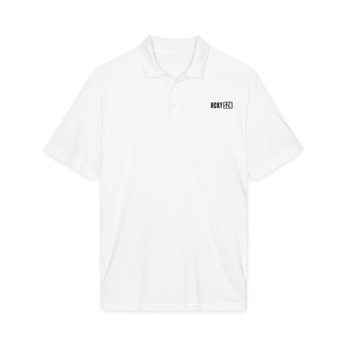 HCKY SZN Embroidered Performance Hockey Polo (White/Black Logo)