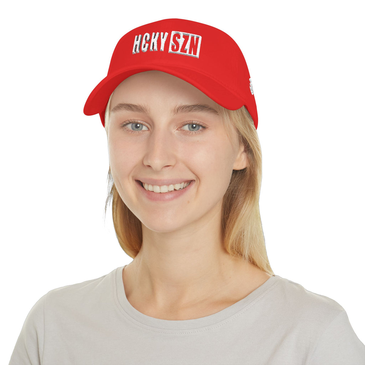 HCKY SZN Low Profile Embroidered Baseball Cap - Red (White Logo)