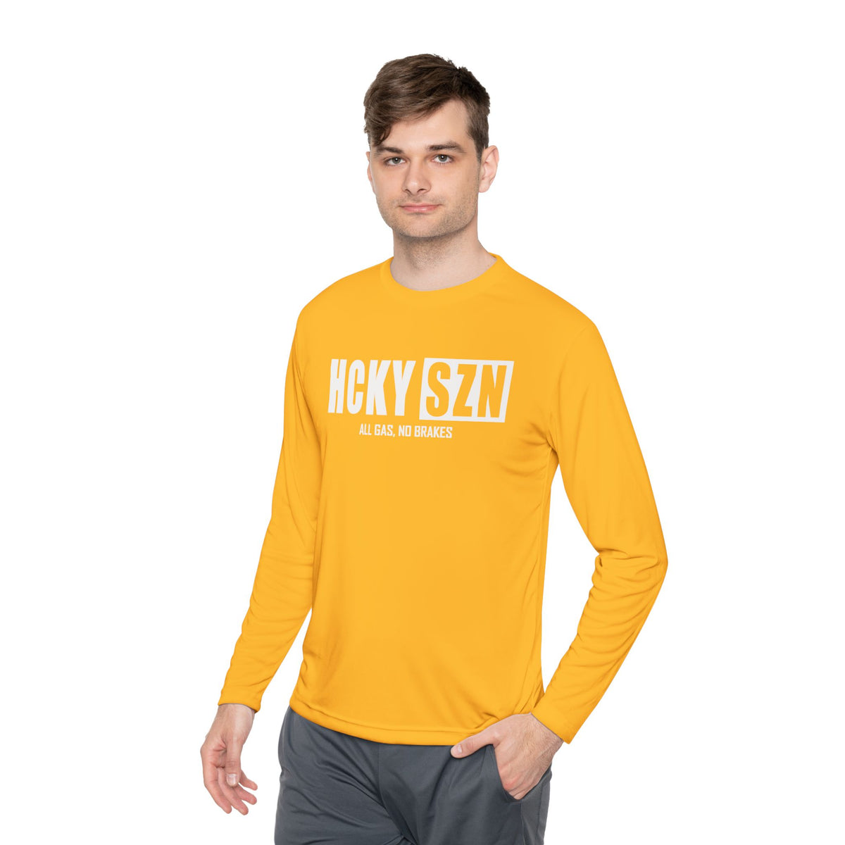 HCKYSZN (All Gas) Long Sleeve Adult Performance Tee - Gold/White/White