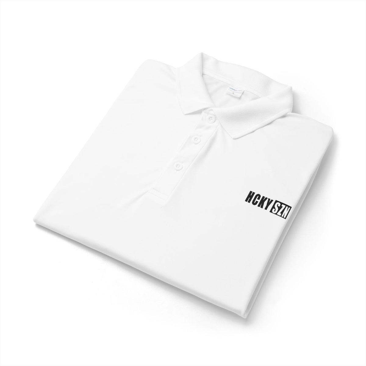 HCKY SZN Embroidered Performance Hockey Polo (White/Black Logo)