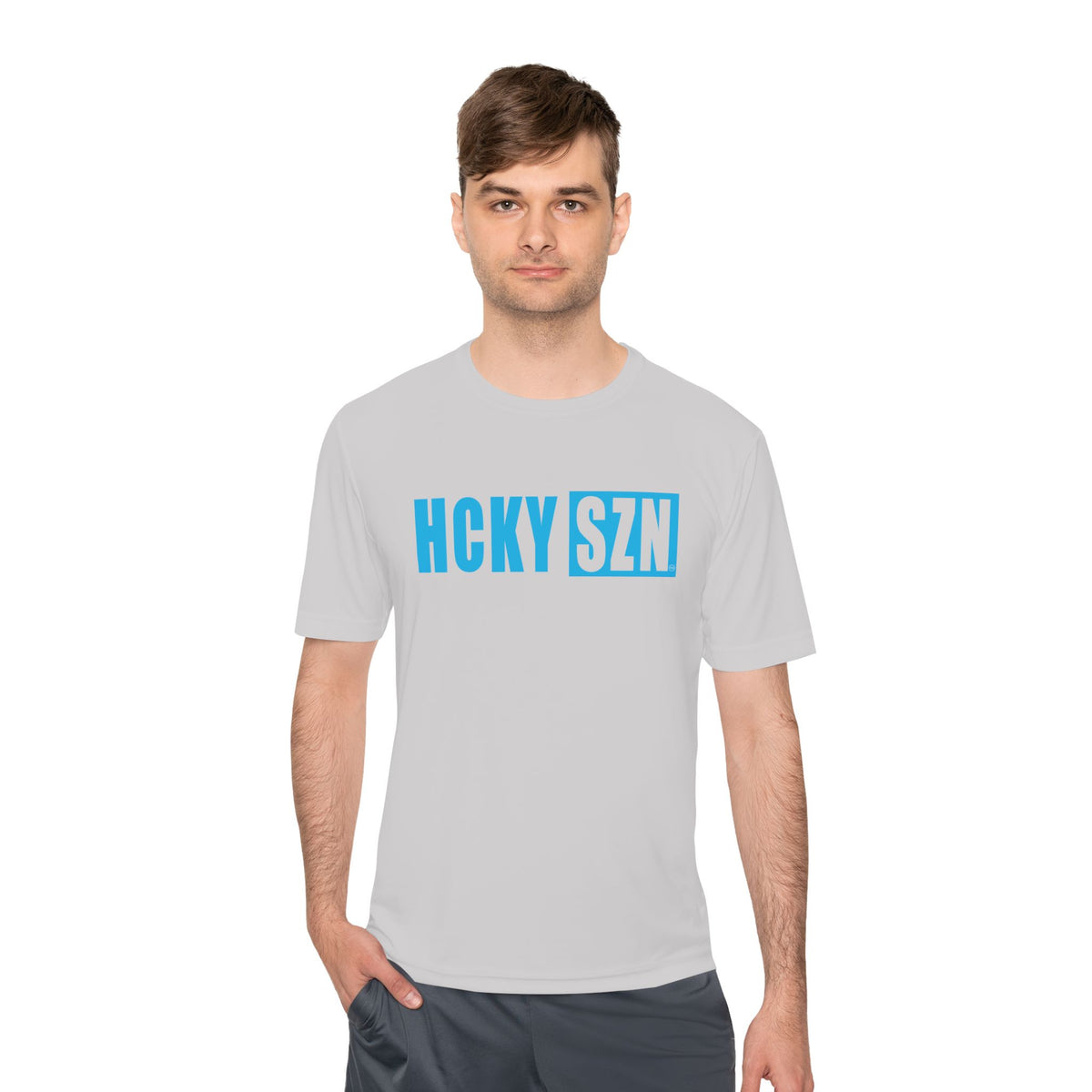 HCKYSZN (Flagship Logo) Adult Performance Tee - Silver/Sky Blue