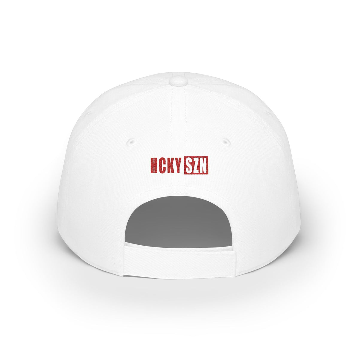 HCKY SZN Low Profile Embroidered Baseball Cap - White (Red Logo)