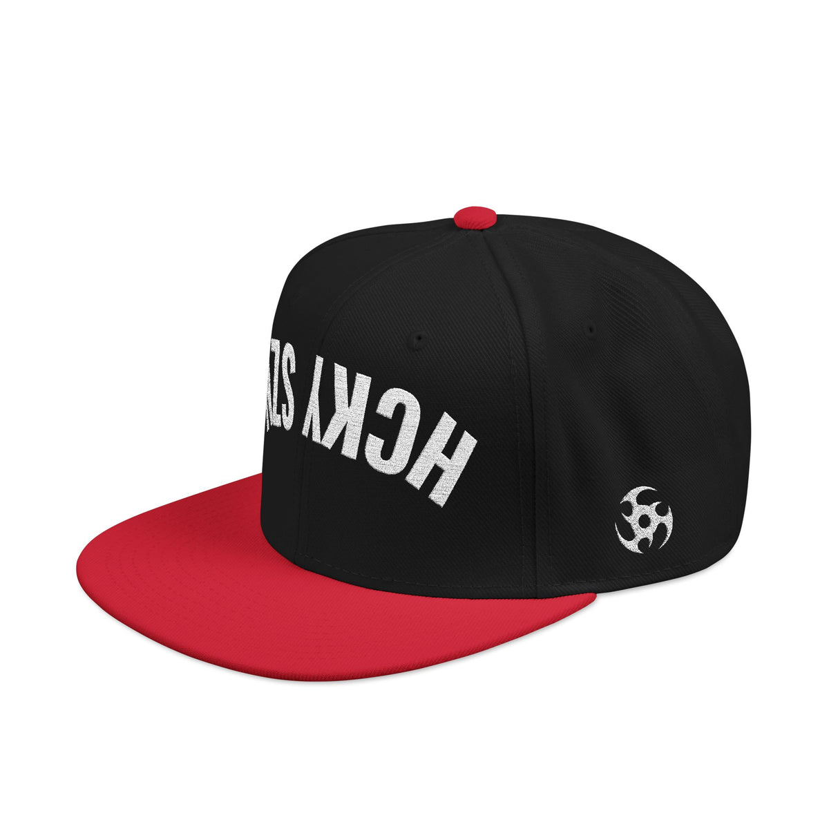 Upside Down HCKY SZN Embroidered Snapback Hat (Black/Red)