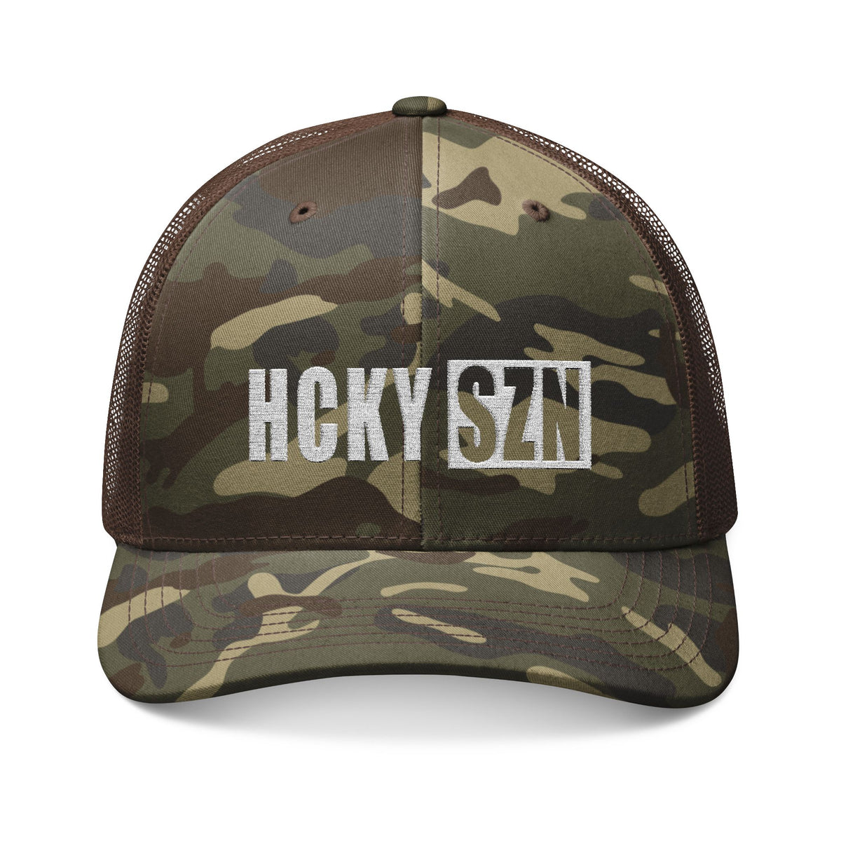 HCKY SZN Embroidered Brown Camo Trucker Hat