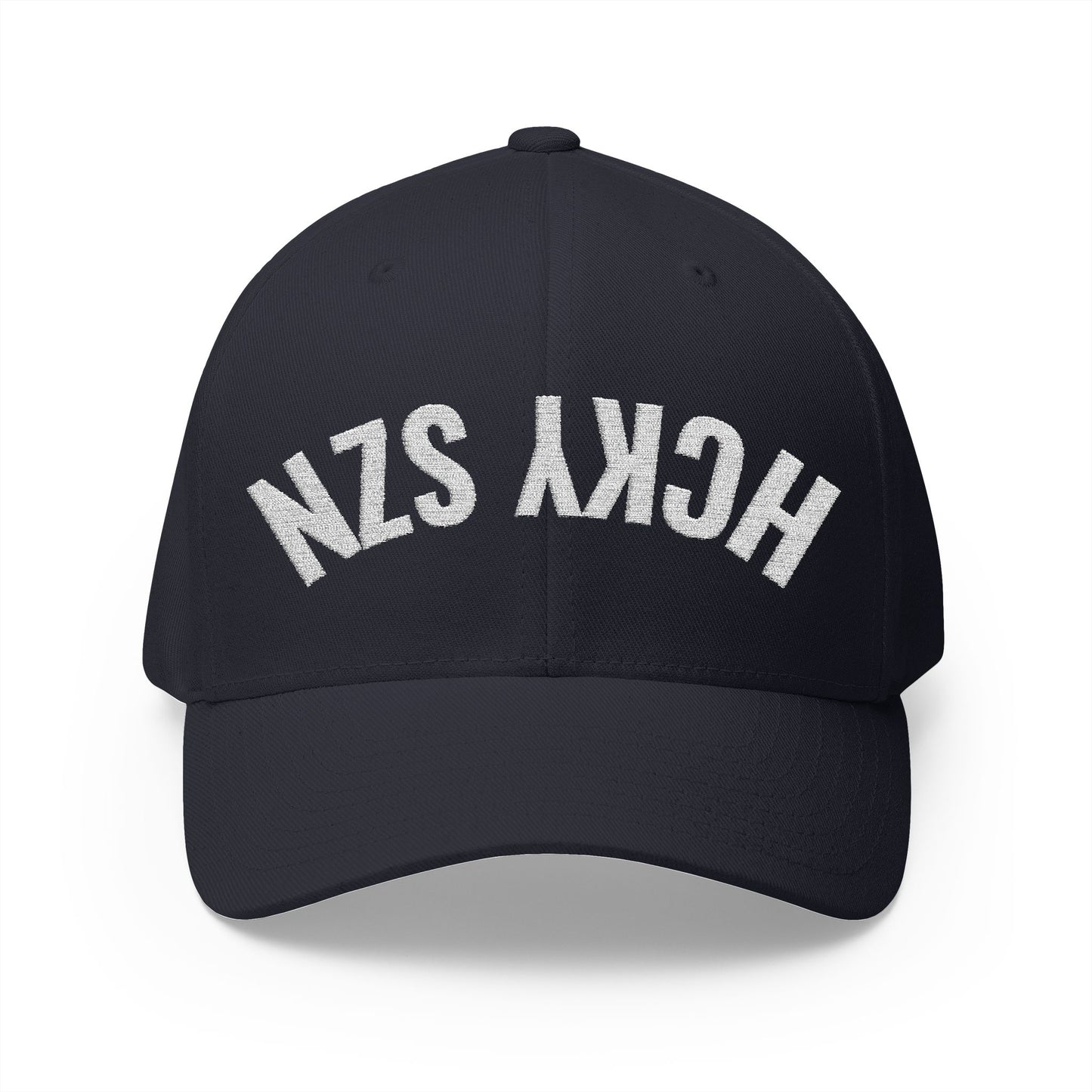 Upside Down HCKY SZN Embroidered Flex Fit Hat (Navy/White)