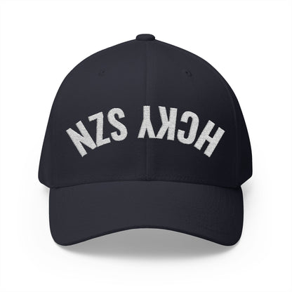 Upside Down HCKY SZN Embroidered Flex Fit Hat (Navy/White)