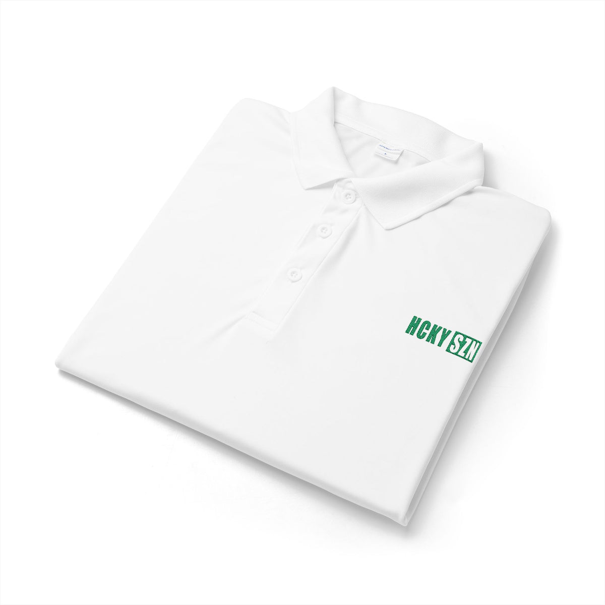 HCKY SZN Embroidered Performance Hockey Polo (White/Green Logo)