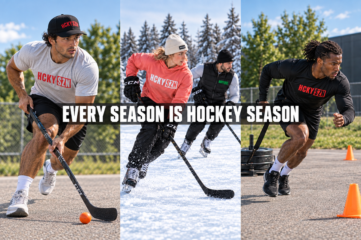 HCKYSZN seasonal hero with solo ball-hockey close-up