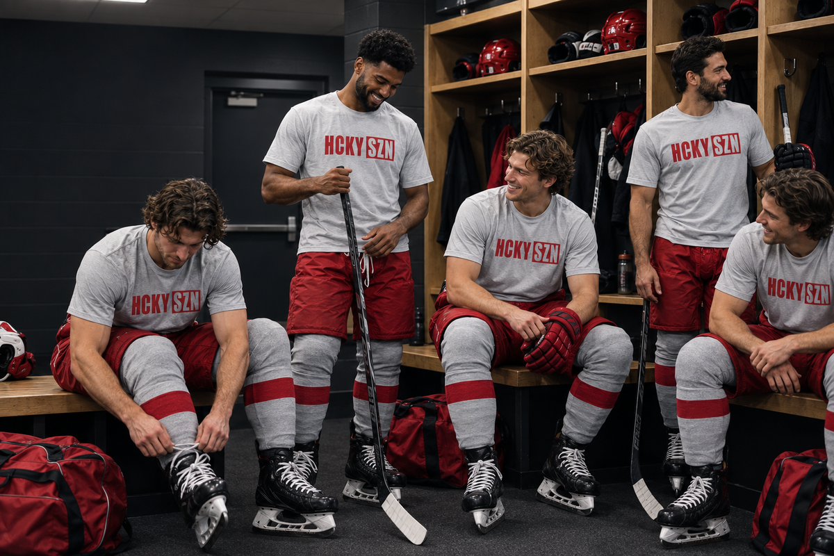 Matching HCKYSZN hockey team in a standard locker room